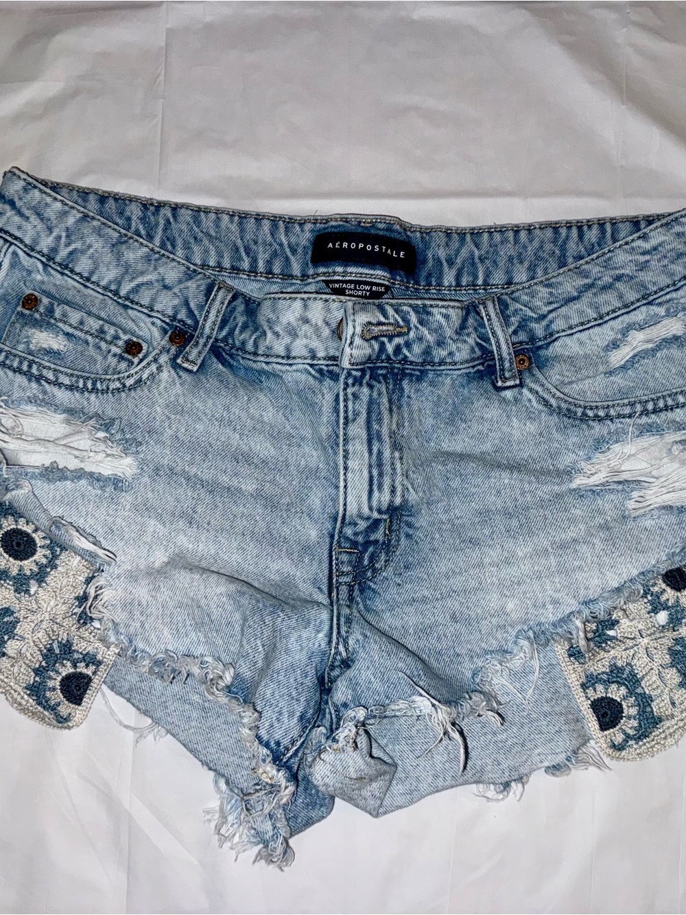 Aeropostale Light Blue Distressed Denim Shorts with Crochet Insets